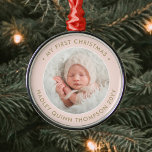 Baby's 1st Christmas Photo Girly Blush Pink & Gold Metal Tree Decoration<br><div class="desc">Celebrate the simple joys of the holiday season with a blush pink, gold, and white custom photo new baby girl round metal ornament. Wording and picture on this template are simple to personalise. "My First Christmas" quote is easy to change in case it's needed for another occasion. (IMAGE & TEXT...</div>