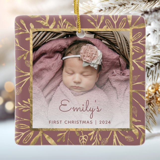 Babys 1st Christmas Photo Gold Foliage Dusty Rose Ceramic Ornament (Creator Uploaded)