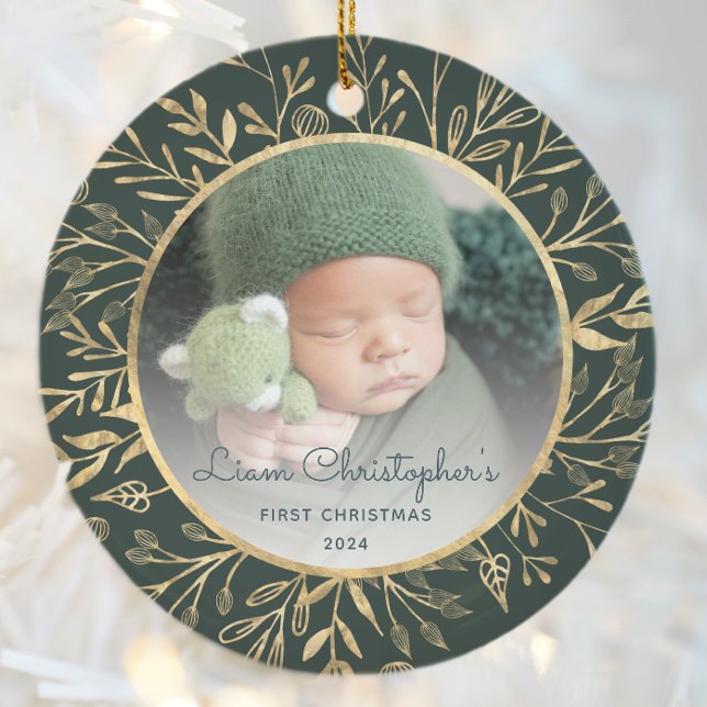 Babys 1st Christmas Photo Gold Foliage Green Round Ceramic Tree Decoration (Creator Uploaded)