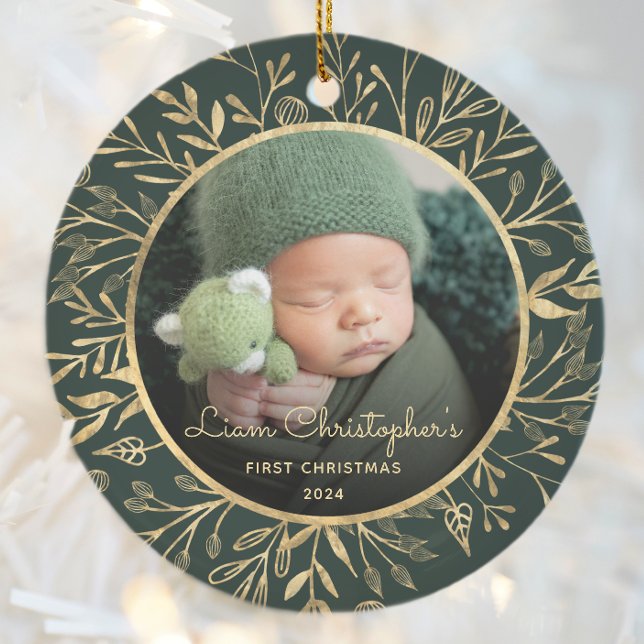 Babys 1st Christmas Photo Gold Foliage Green Round Ceramic Tree Decoration (Creator Uploaded)