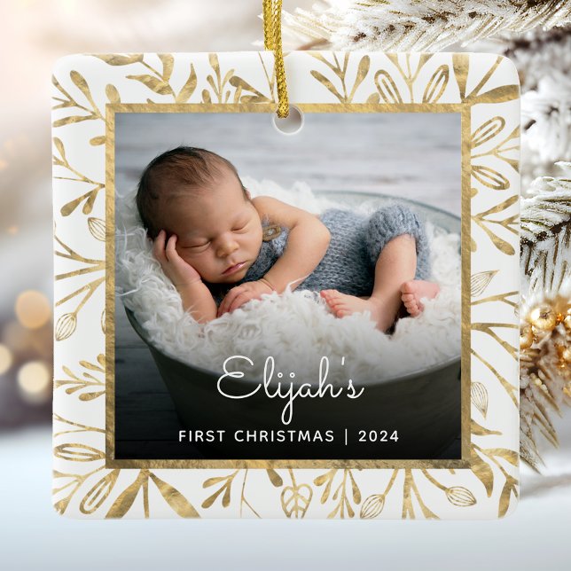 Babys 1st Christmas Photo Gold Foliage White Ceramic Ornament (Creator Uploaded)