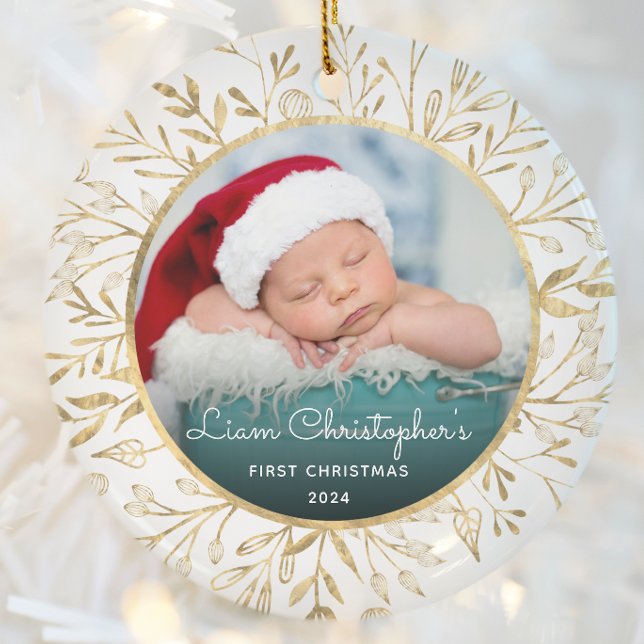 Babys 1st Christmas Photo Gold Foliage White Round Ceramic Tree Decoration (Creator Uploaded)