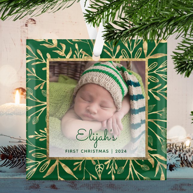 Babys 1st Christmas Photo Green Gold Foliage Glass Tree Decoration (Creator Uploaded)