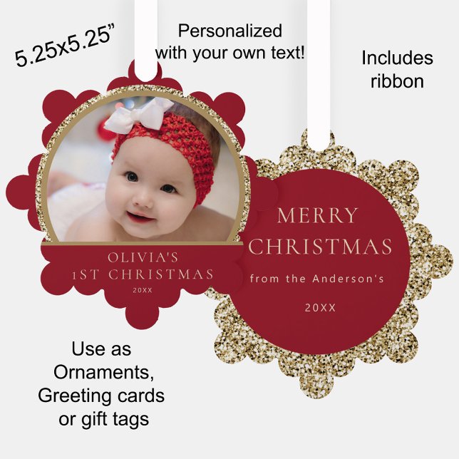 Baby's 1st Christmas Photo Name Red Gold Greeting Tree Decoration Card (Red and gold Baby's 1st Christmas photo ornament, gift tag, and greeting card all-in-one)