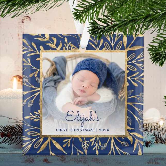 Babys 1st Christmas Photo Navy Blue Gold Foliage Glass Tree Decoration (Creator Uploaded)