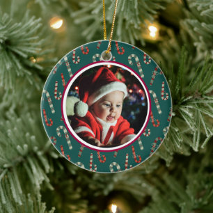 Baby's 1st Christmas Photo Red & Green Candy Canes Ceramic Tree Decoration