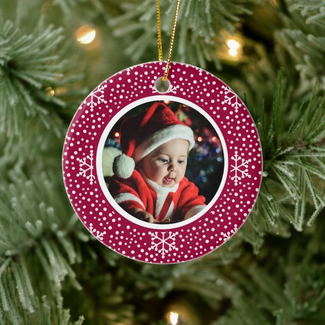 Baby's 1st Christmas Photo Red White Snowflakes Ceramic Tree Decoration (Tree)