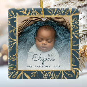Babys 1st Christmas Photo Teal Blue Gold Foliage Ceramic Ornament