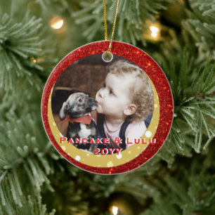 Baby's 1st Christmas Photo with Pet Red and Gold Ceramic Tree Decoration