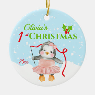 Baby's 1st Christmas Pink Ballerina Penguin Photo Ceramic Tree Decoration