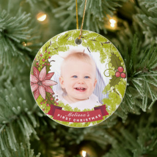 Baby's 1st Christmas Poinsettia Mistletoe Wreath Ceramic Tree Decoration
