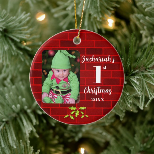 Baby's 1st Christmas Red Brick Round Keepsake Ceramic Tree Decoration (Tree)