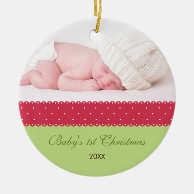 Baby's 1st Christmas - Ribbon (green 2) Ceramic Tree Decoration (Front)