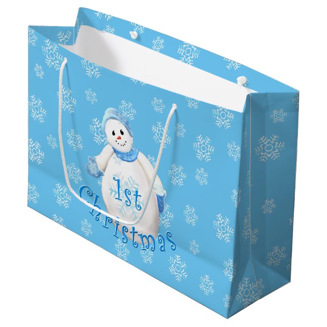 Baby's 1st Christmas Snowman and Snowflakes Large Gift Bag (Front Angled)