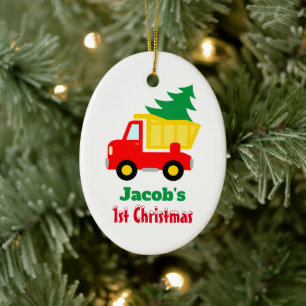 Baby's 1st Christmas tree on red truck custom name Ceramic Tree Decoration