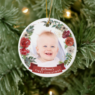 Baby's 1st Christmas Watercolor Floral Photo Ceramic Tree Decoration