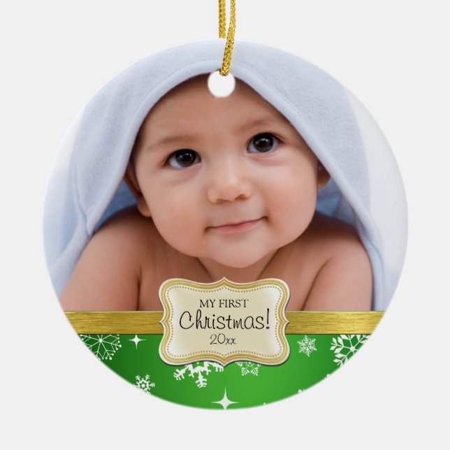 Baby's 1st Christmas. White and Green Snowflakes Ceramic Tree Decoration (Front)