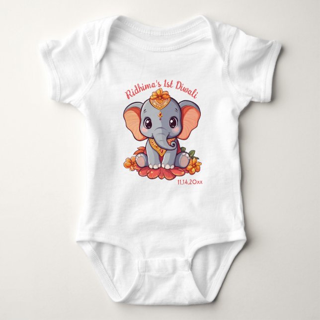 Baby's 1st Diwali with cute elephant Baby Bodysuit (Front)