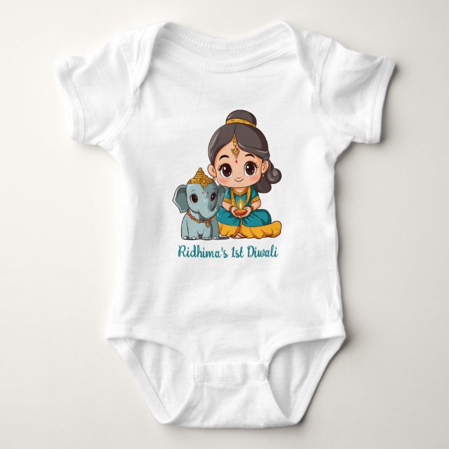 Baby's 1st Diwali with cute elephant Baby Bodysuit (Front)