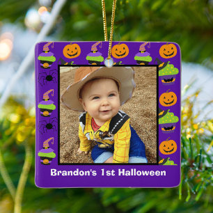 Baby's 1st Halloween Photo Cute Purple Custom Ceramic Ornament