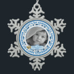 Baby's 1st Hanukkah Photo Name Dreidels Snowflake Pewter Christmas Ornament<br><div class="desc">Sweet keepsake design for you to personalise with your little one's photo, name and the year. Features a photo template inside a circular design with the words, "Baby's 1st Hanukkah" among a trio of dreidel toys. The Star of David and a Menorah are on either side of the area for...</div>
