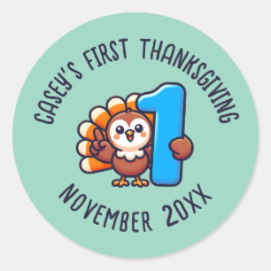 Baby's 1st Thanksgiving Custom Name & Year Turkey Classic Round Sticker