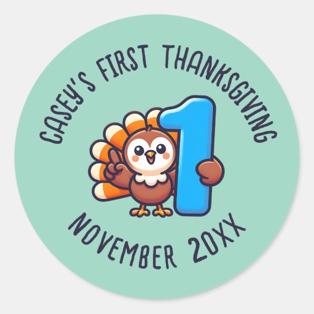 Baby's 1st Thanksgiving Custom Name & Year Turkey Classic Round Sticker (Front)