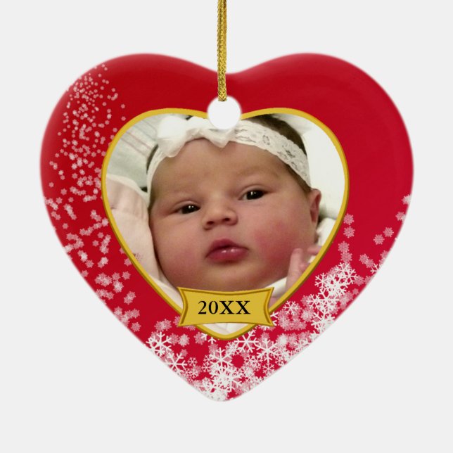 Baby's 2 Sided Photo Keepsake Snowy Red Ceramic Tree Decoration (Back)