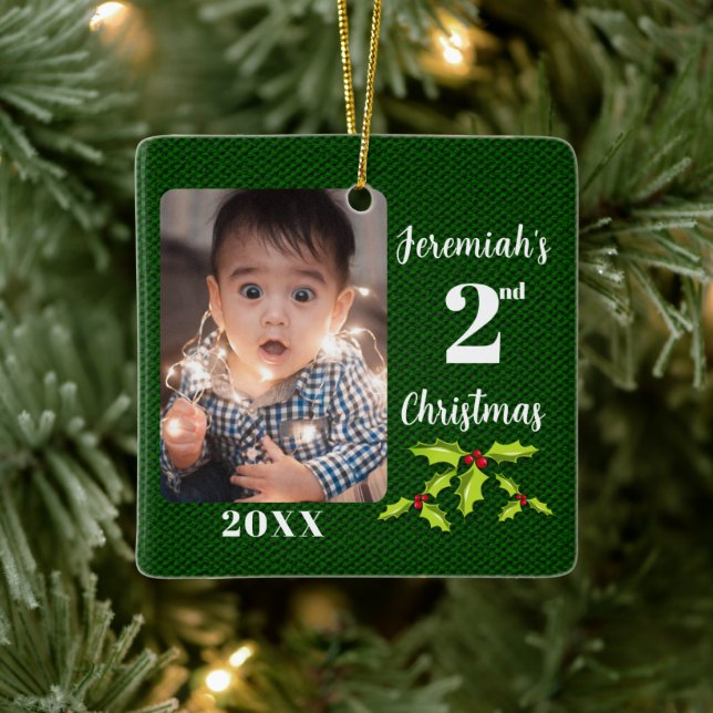 Baby's 2nd Christmas Green Faux Fabric Keepsake Ceramic Ornament (Tree)
