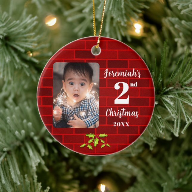 Baby's 2nd Christmas Red Brick Round Keepsake Ceramic Tree Decoration (Tree)