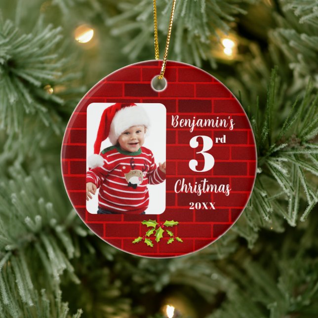 Baby's 3rd Christmas Red Brick Round Keepsake  Ceramic Tree Decoration (Tree)