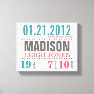 Baby's Birth Date Details Canvas - Cotton Candy