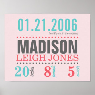 Baby's Birth Date Details Poster - Cotton Candy