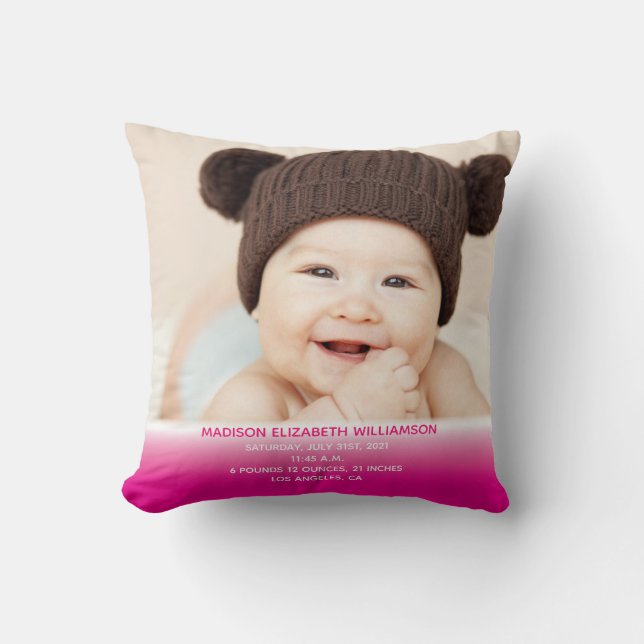 Baby's Birth Record Stats Photo Cushion (Front)