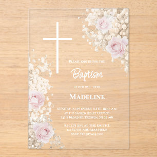 Baby's Breath and pink roses Baptism Acrylic Invitations