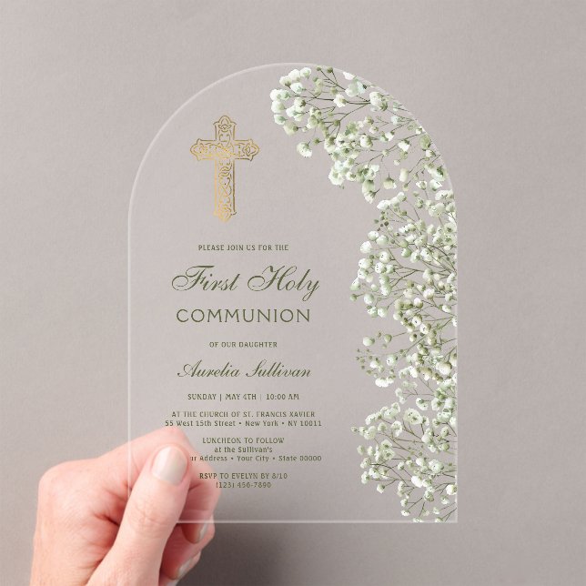 Baby's Breath Arch First Communion Acrylic Invitations (Insitu (Handheld))