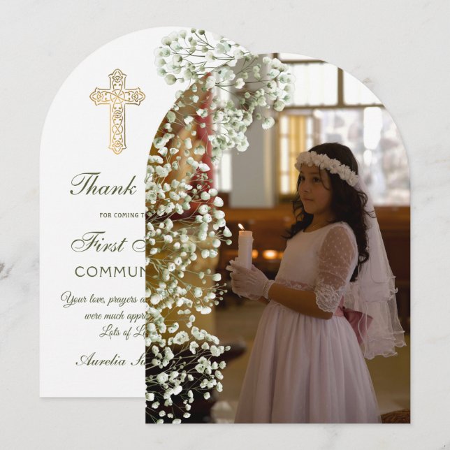 Baby's Breath Arch First Communion Thank You Card (Front/Back)