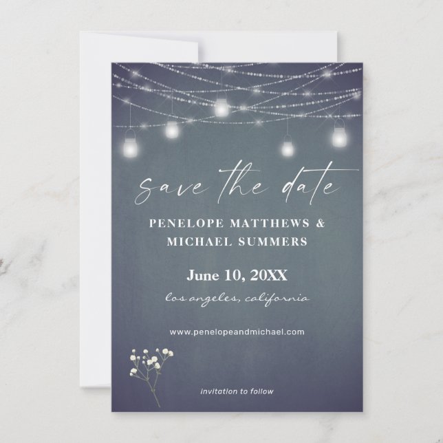 Baby's Breath Blue Grey Chalkboard Save The Date (Front)