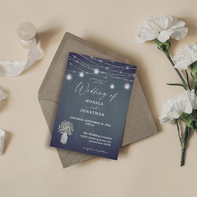 Baby's Breath Blue Grey Chalkboard & String Lights Invitation (Creator Uploaded)
