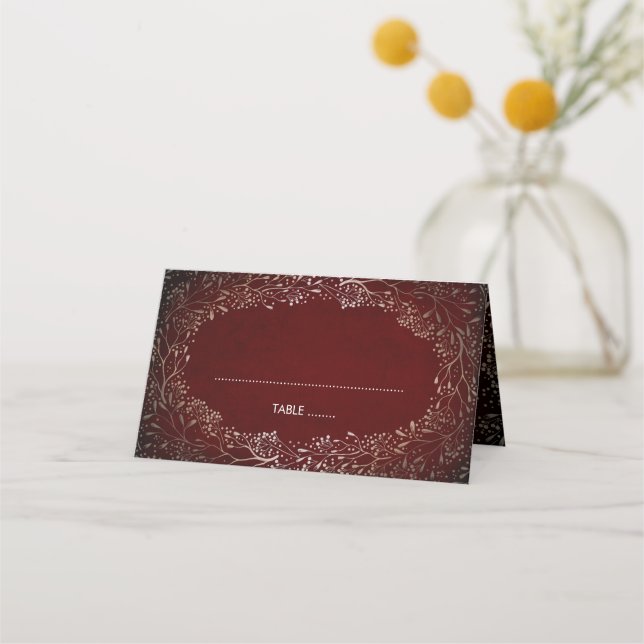 Baby's Breath Burgundy and Gold Wreath Wedding Place Card (Front)