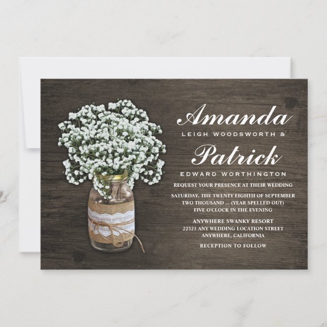 Baby's Breath Burlap Mason Jar Wedding Invitations (Front)