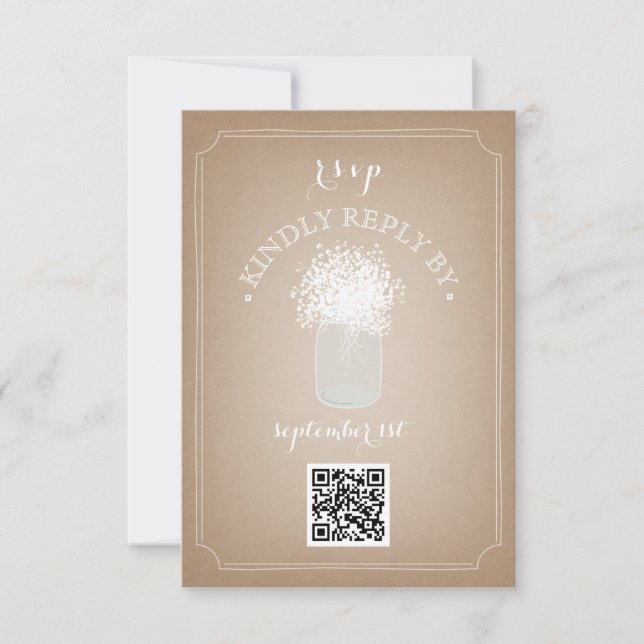 Baby's Breath Cardstock Inspired Mason Jar QR Code RSVP Card (Front)