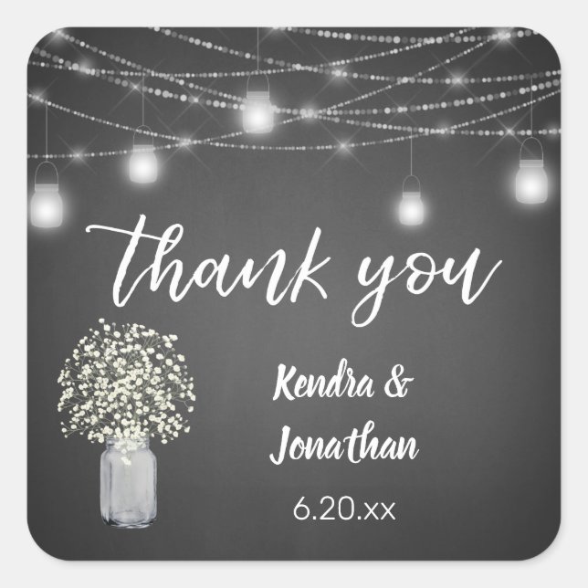 Baby's Breath Chalkboard Grey& String Lights Thank Square Sticker (Front)