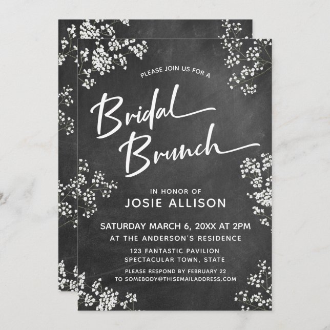 Baby's Breath Chalkboard Modern Bridal Brunch Invitation (Front/Back)