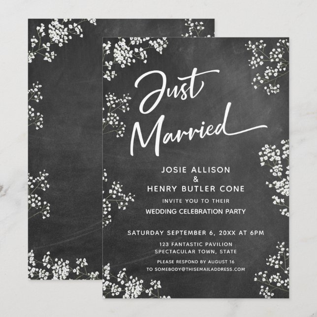 Baby's Breath Chalkboard Modern Just Married Invitation (Front/Back)