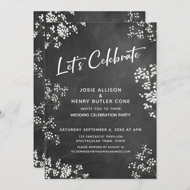 Baby's Breath Chalkboard Modern Let's Celebrate Invitation (Front/Back)