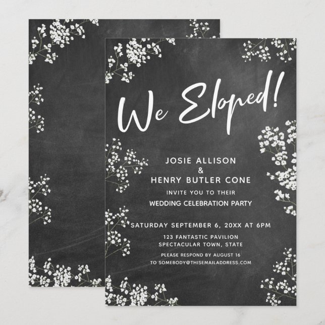 Baby's Breath Chalkboard Modern Script We Eloped Invitation (Front/Back)