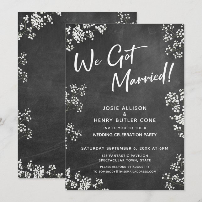 Baby's Breath Chalkboard Modern We Got Married Invitation (Front/Back)