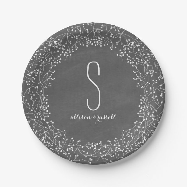 Baby's Breath Chalkboard Monogram Wedding Paper Plate (Front)