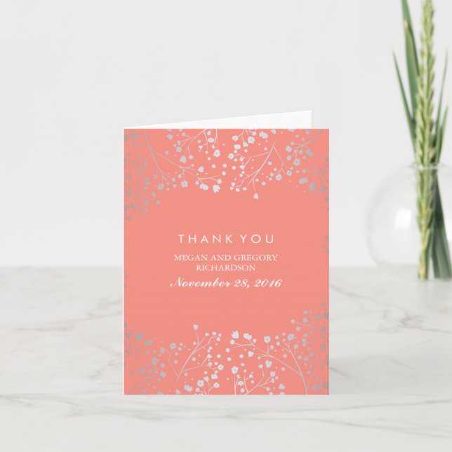 Baby's Breath Coral and Silver Wedding Thank You Card (Front)